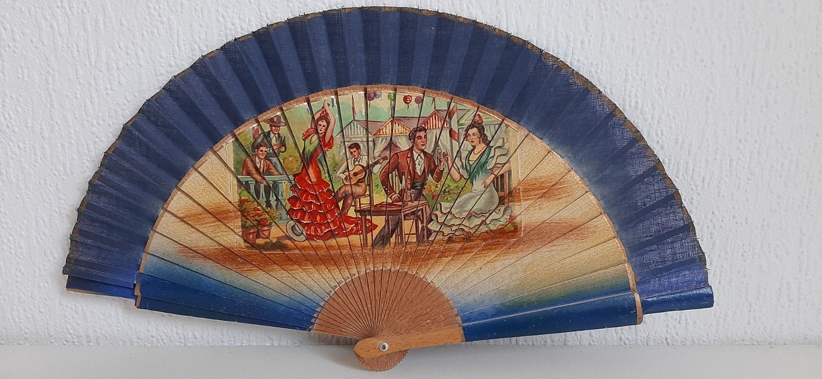 Vintage Spaanse waaier uit 1960 met flamenco tafereel, Ophalen of Verzenden