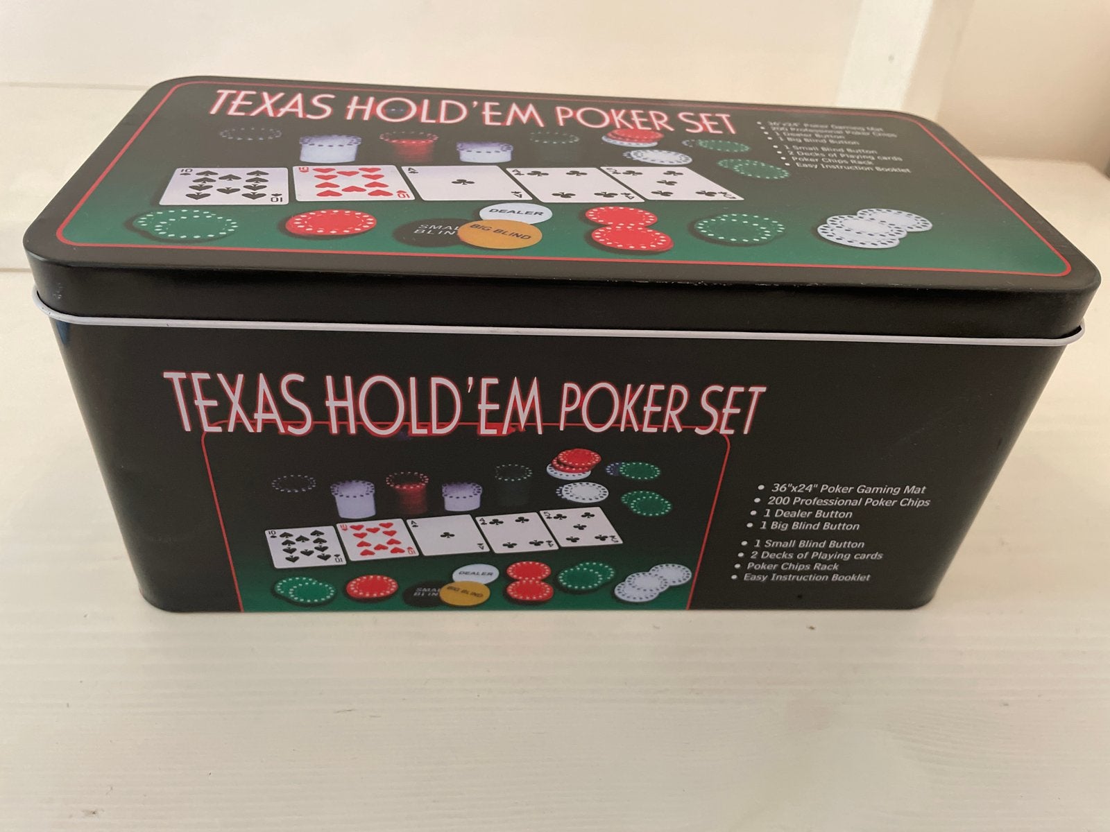 Texas Hold'em Poker Set in blikken doos, Drie of vier spelers, Ophalen of Verzenden, Zo goed als nieuw
