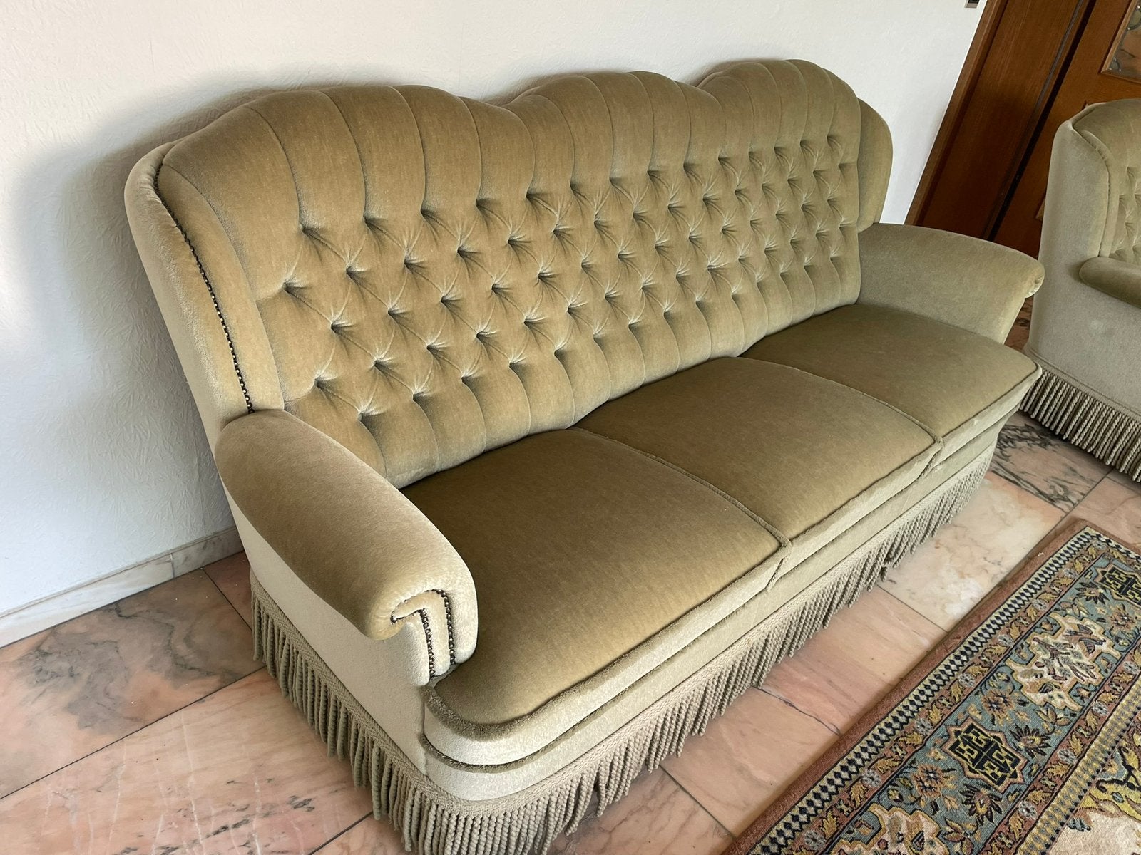 Vintage Bank Groen, Velvet Franjes velours, barok Queen Ann, Ophalen of Verzenden