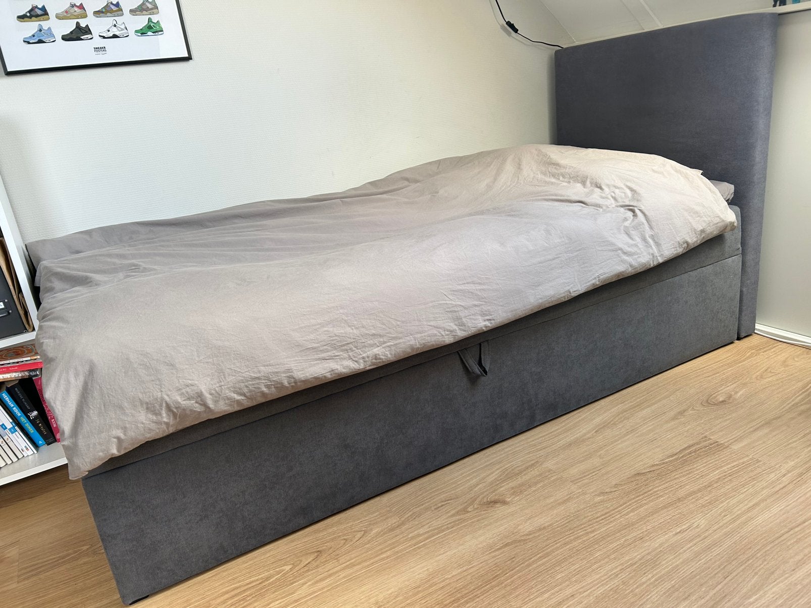 Opberg- Boxspring 90x200 Grijs, Ophalen, Gebruikt, 90 cm, Eenpersoons