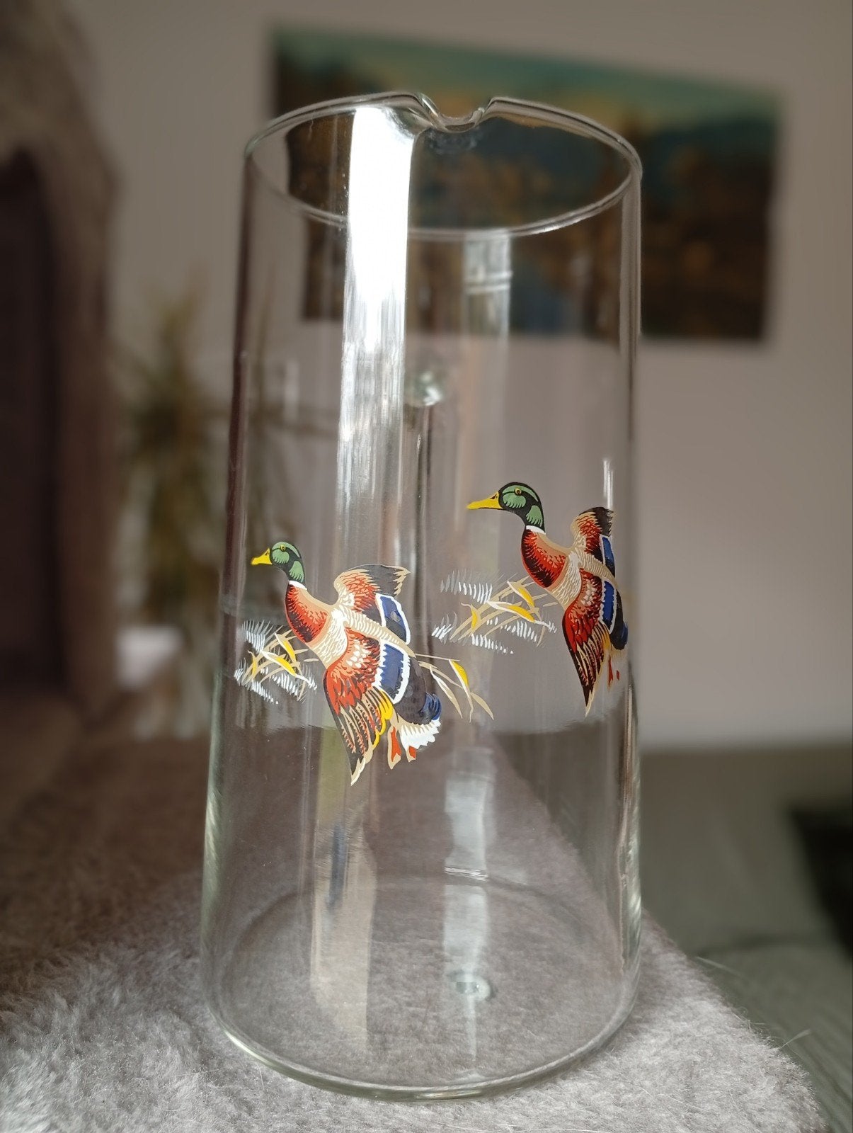 Midcentury glazen kan met eenden., Glas, Ophalen of Verzenden, Zo goed als nieuw