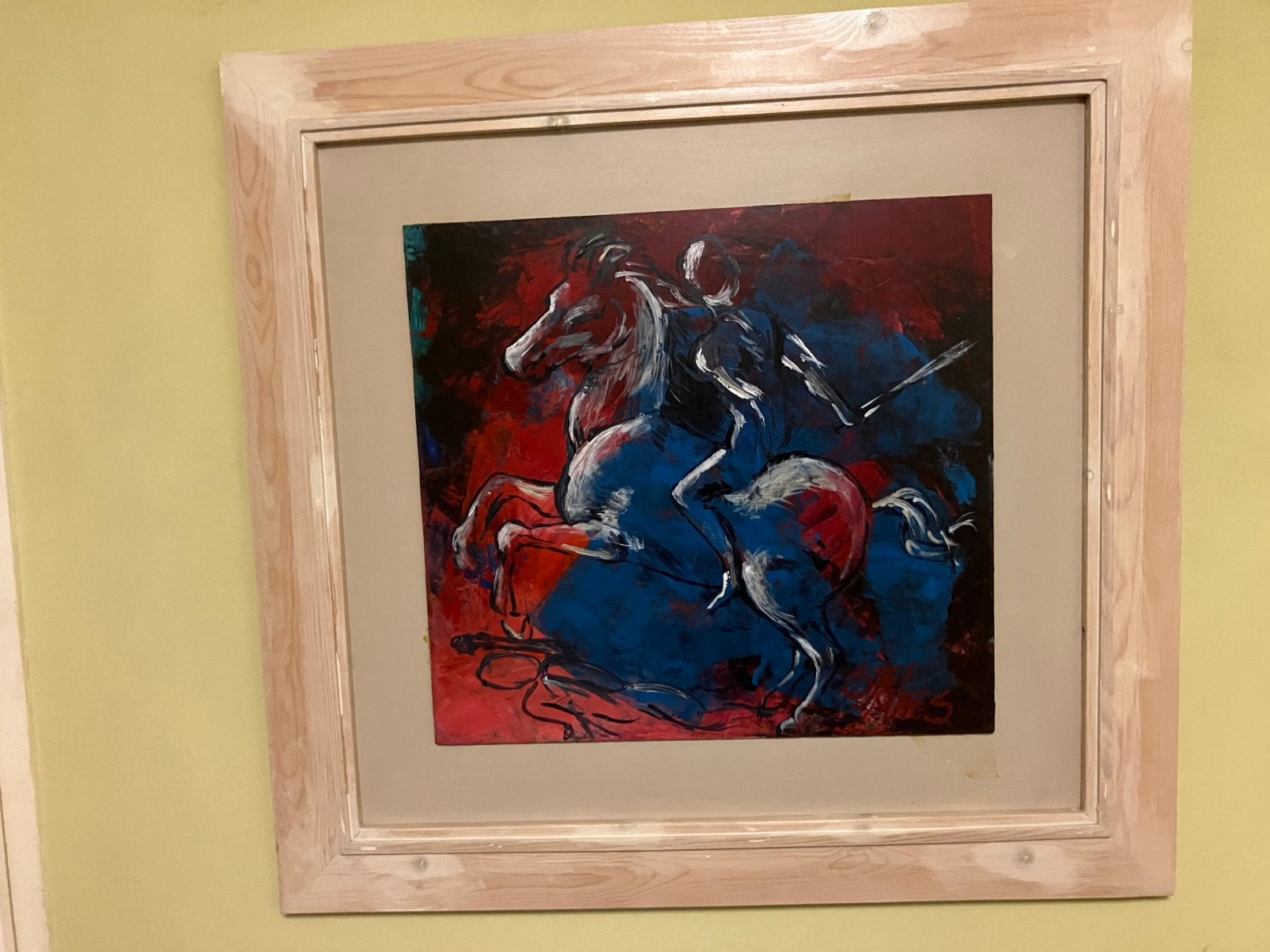 Modern schilderij olieverf op paneel paard met ruiter, Ophalen of Verzenden