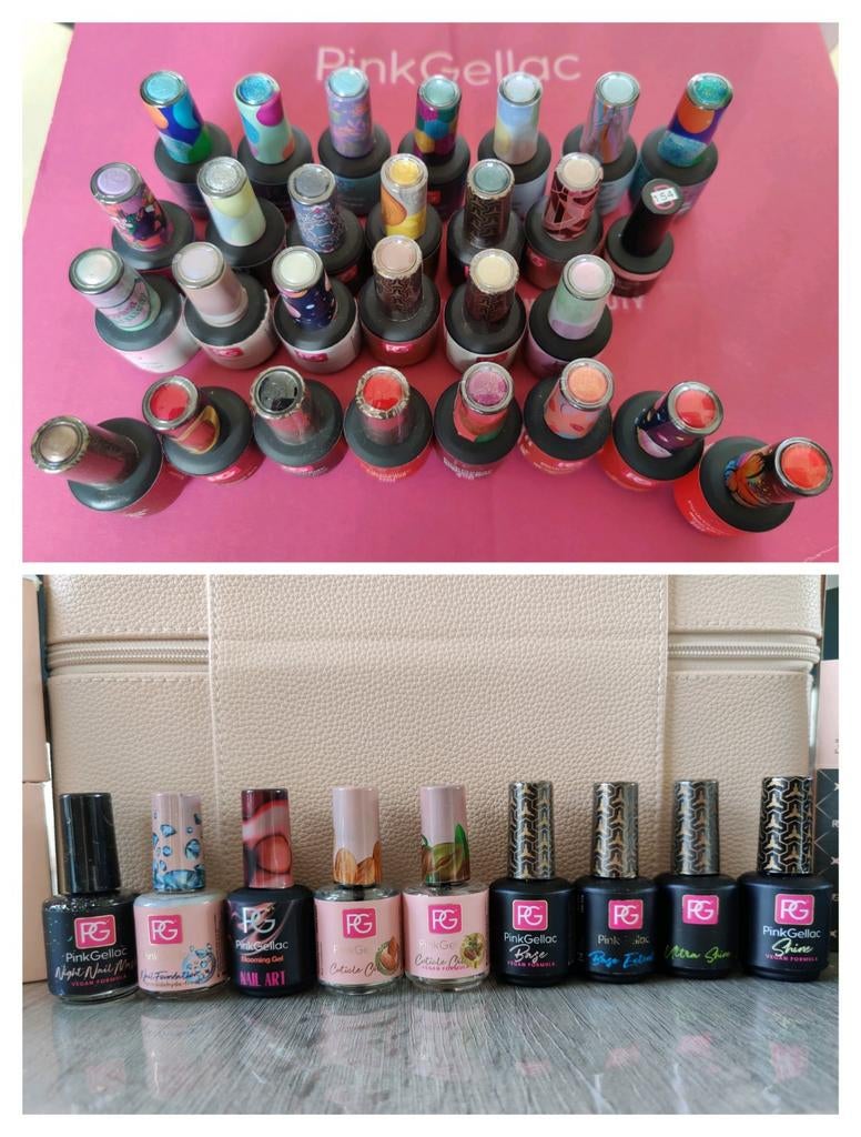 28 kleuren Pink Gellac + 9 potjes van bv base,shine,olie etc, Ophalen of Verzenden, Zo goed als nieuw, Overige kleuren, Handen en Nagels