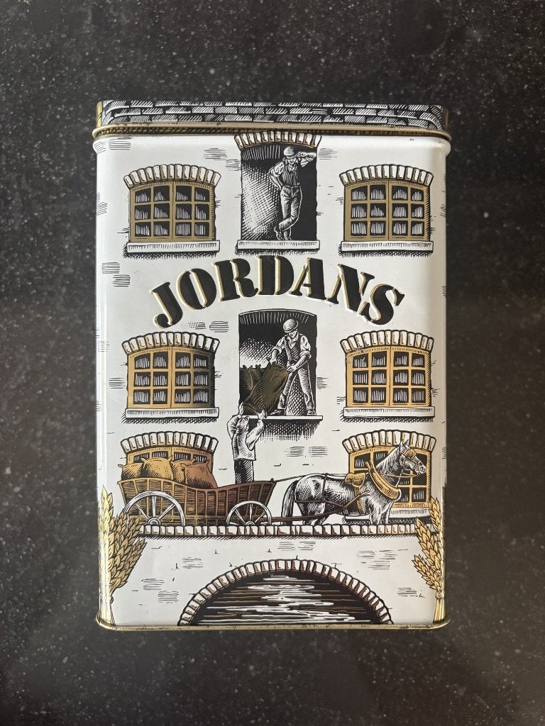 Vintage Jordans bewaarblik voorraadbus decoratief huisje, Verzamelen, Blikken, Ophalen of Verzenden, Gebruikt, Overige