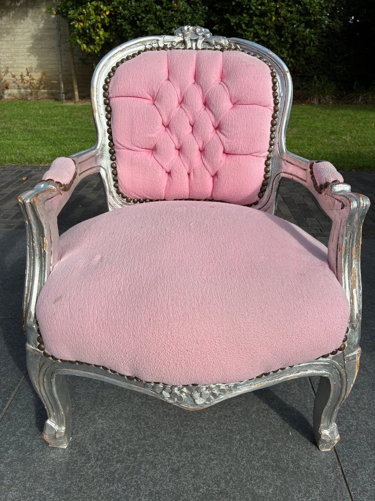 Vintage Barok Fauteuil - Roze met Zilveren Frame, Ophalen, Gebruikt, Overige typen