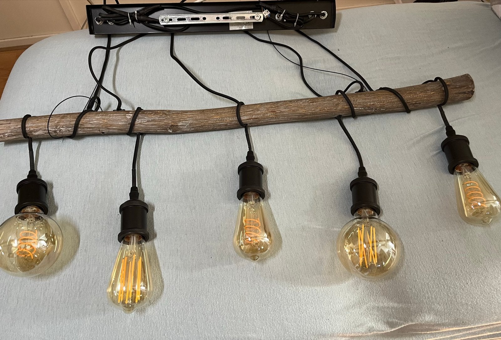 Hanglamp met houten balk en 5 Edison lampen, Ophalen, Gebruikt, Hout, E27 (groot)