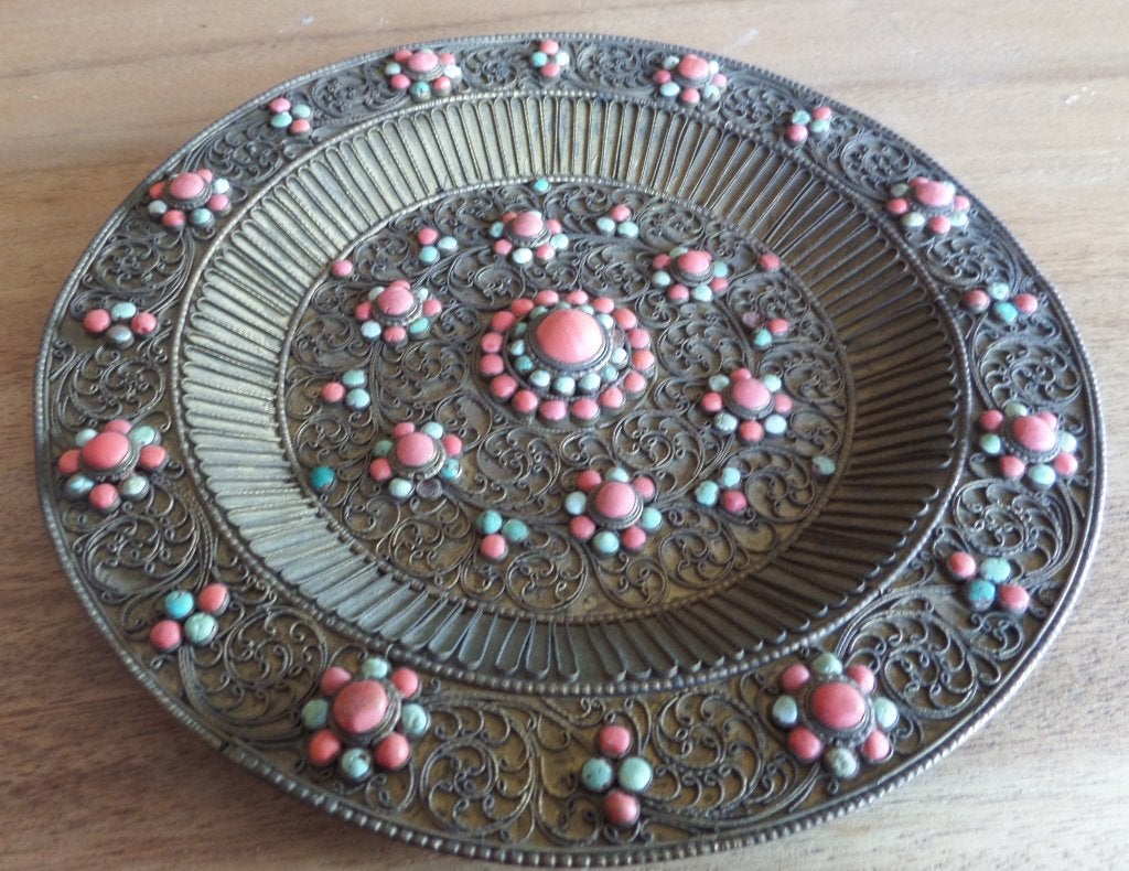 antieke wandbord brons met steentjes Tibet., Ophalen of Verzenden
