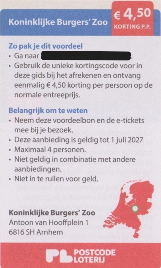 Koninklijke Burgers'Zoo € 4,50 korting p.p. Postcodel bon., Tickets en Kaartjes, Drie personen of meer, Kortingskaart
