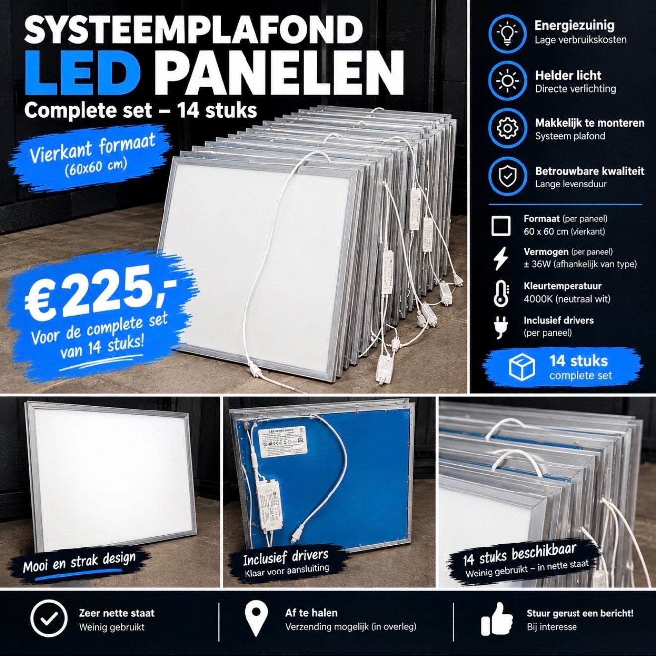 Systeemplafond LED Panelen - Complete set van 14 stuks, Inclusief lichtbron, Ophalen of Verzenden, Zo goed als nieuw, Wit
