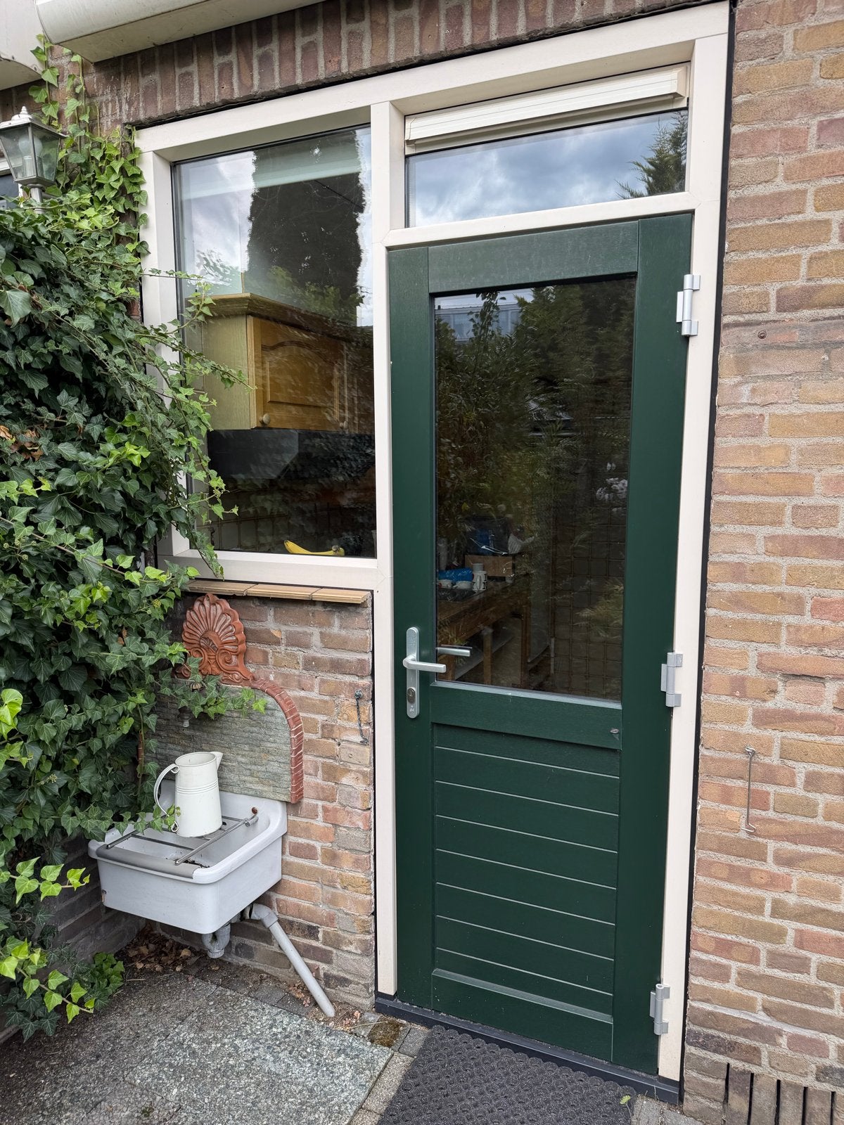 Groene buitendeur met glas en hor, zo goed als nieuw, Ophalen, 80 tot 100 cm, 200 tot 215 cm, Glas