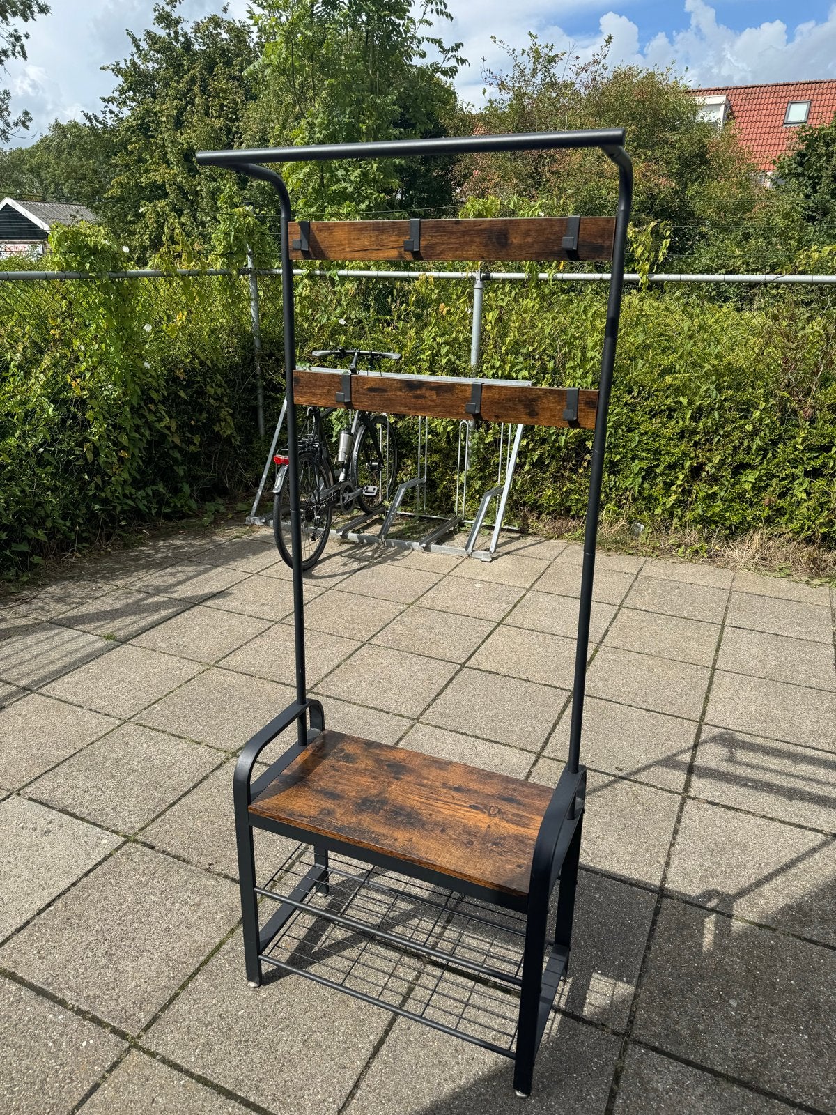 Industriële stijl kapstok met bankje en schoenenrek, Ophalen, Gebruikt, Metaal, Staande kapstok