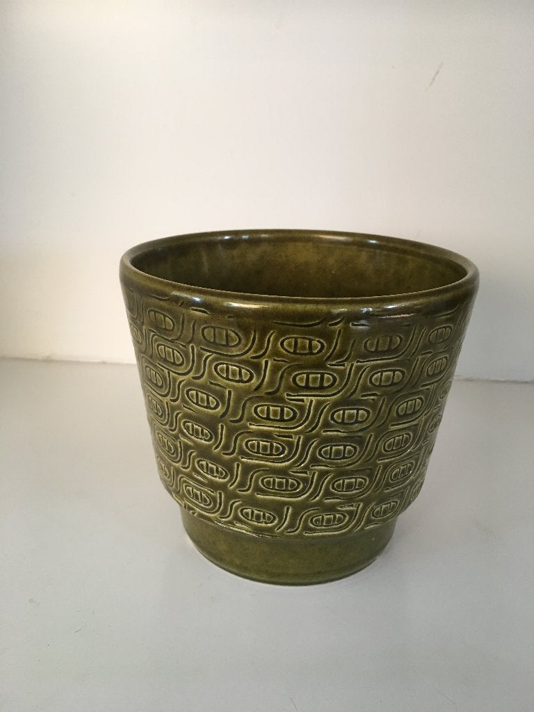 Vintage groene bloempot met reliëfpatroon, 25 tot 40 cm, Gebruikt, Ophalen of Verzenden, Minder dan 40 cm