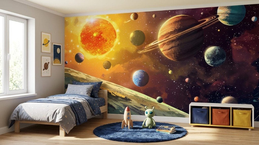 Ruimte behang – planeten met warme zonnegloed op maat, Overige patronen, Overige merken, Modern, Ophalen of Verzenden