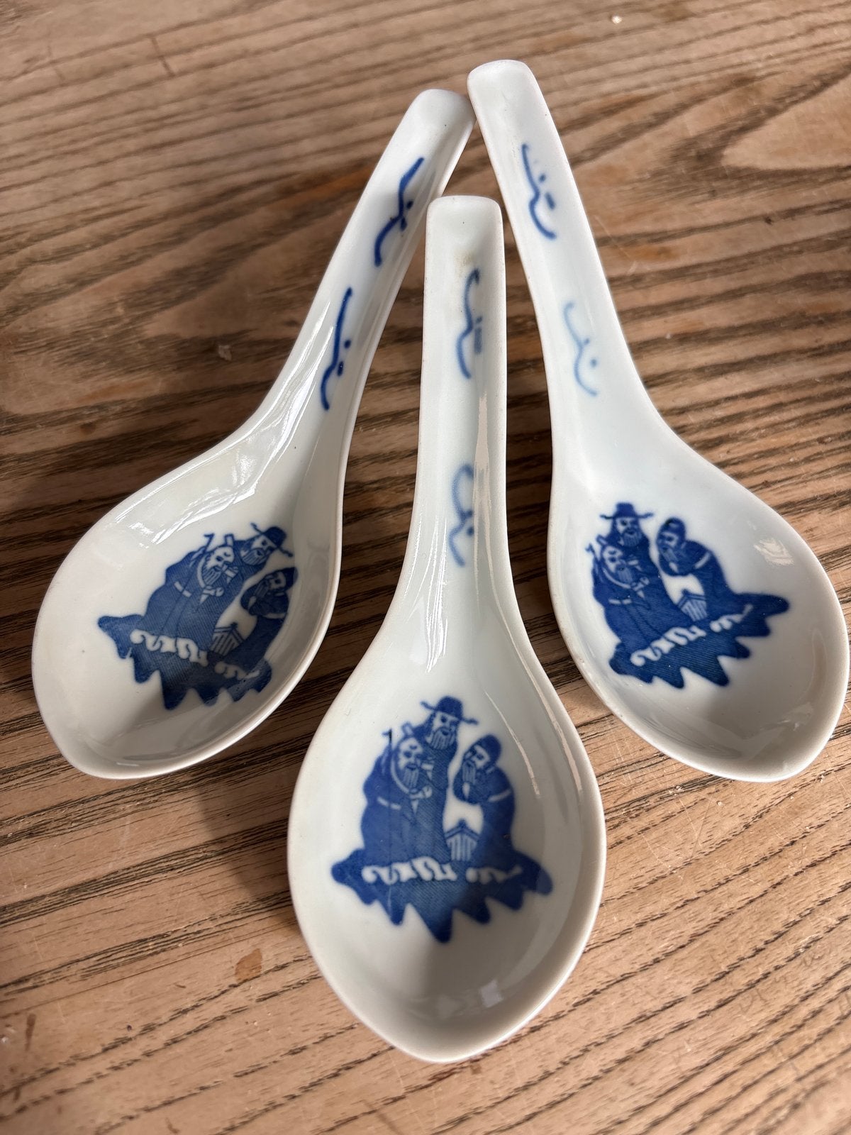 Set van 3 Vintage Chinese Porseleinen Lepels Blauw-Wit, Ophalen