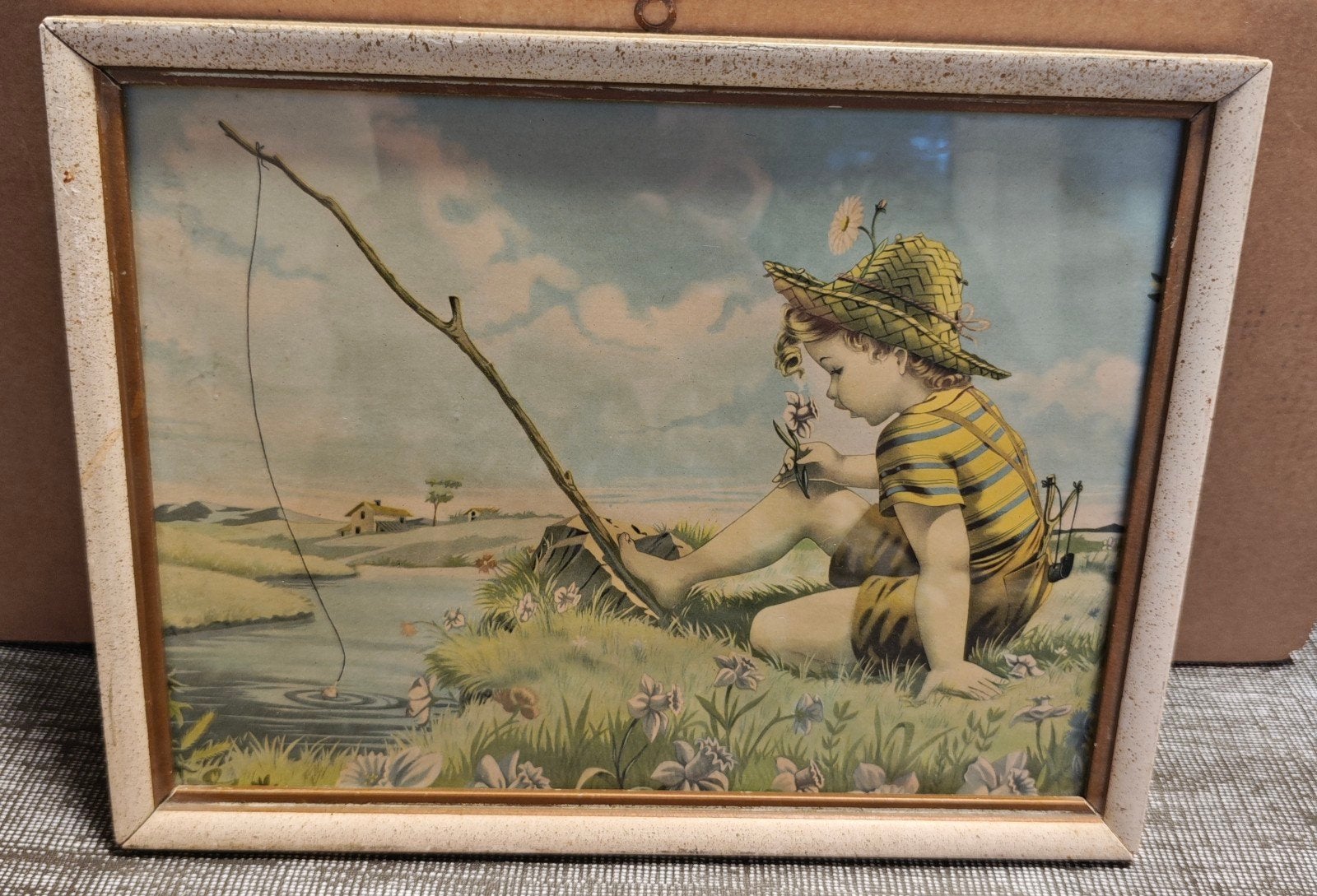 Prachtig Vintage Schilderijtje "Het Vissertje" – Jaren 50/60, Antiek en Kunst, Kunst | Schilderijen | Klassiek, Ophalen of Verzenden