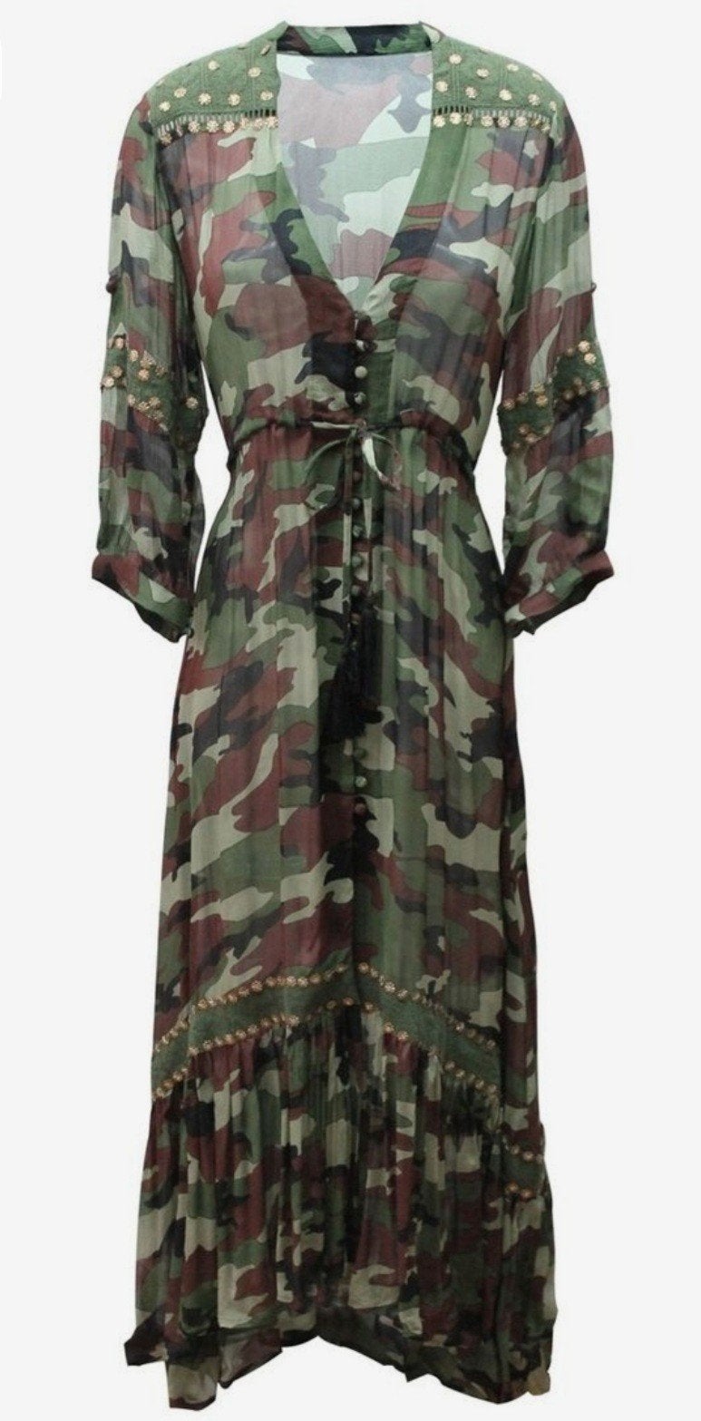 Prachtige lange maxi doorknoop jurk Ibiza Army Miss June L, Kleding | Dames, Jurken, Maat 38/40 (M), Ophalen of Verzenden, Zo goed als nieuw