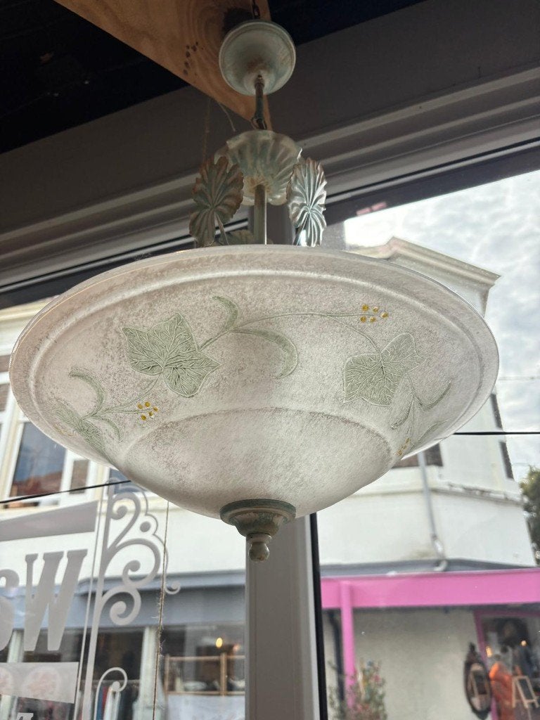 Glazen schaalhanglamp met bladmotieven, Ophalen, Gebruikt, Glas, Vintage