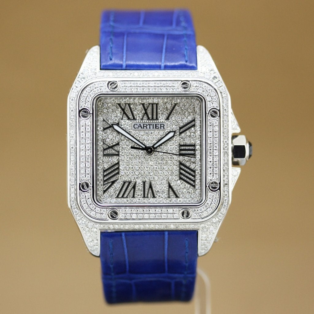 Cartier Santos 100 Xl 2656 Diamonds, Overige merken, Staal, Polshorloge, Ophalen of Verzenden