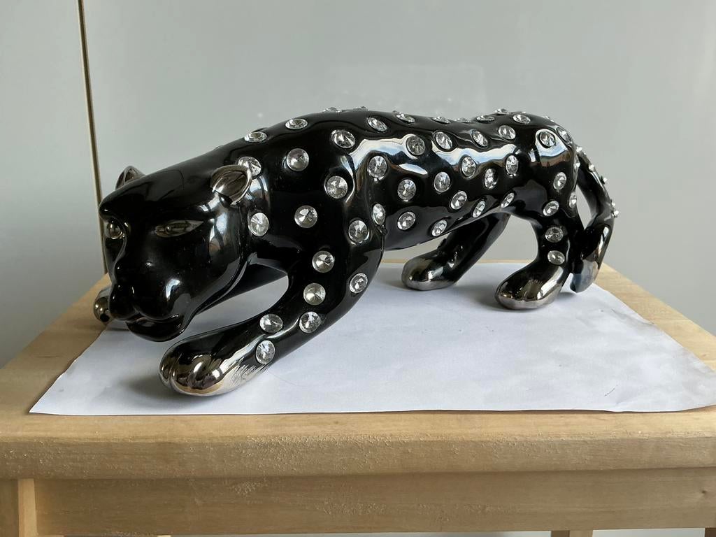 Decoratief Beeld zwarte panter luipaard keramiek met strass, Ophalen of Verzenden, Zo goed als nieuw