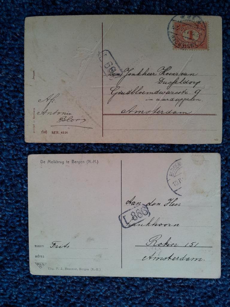 Ansichtkaarten oud. met handstempel boot, Bergen (N-H), Ophalen of Verzenden, Overige typen