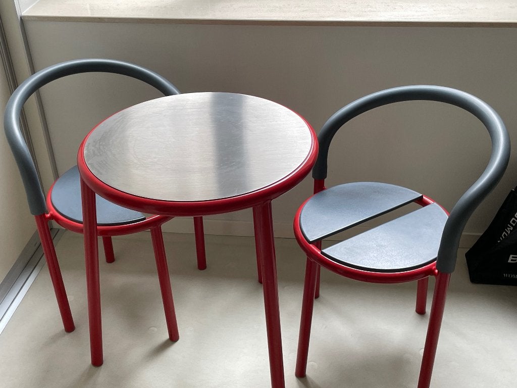 tuinset, design caféset tafeltje 2 stoelen stapelbaar, Overige materialen, Bijzettafel, Zo goed als nieuw, Tuinset