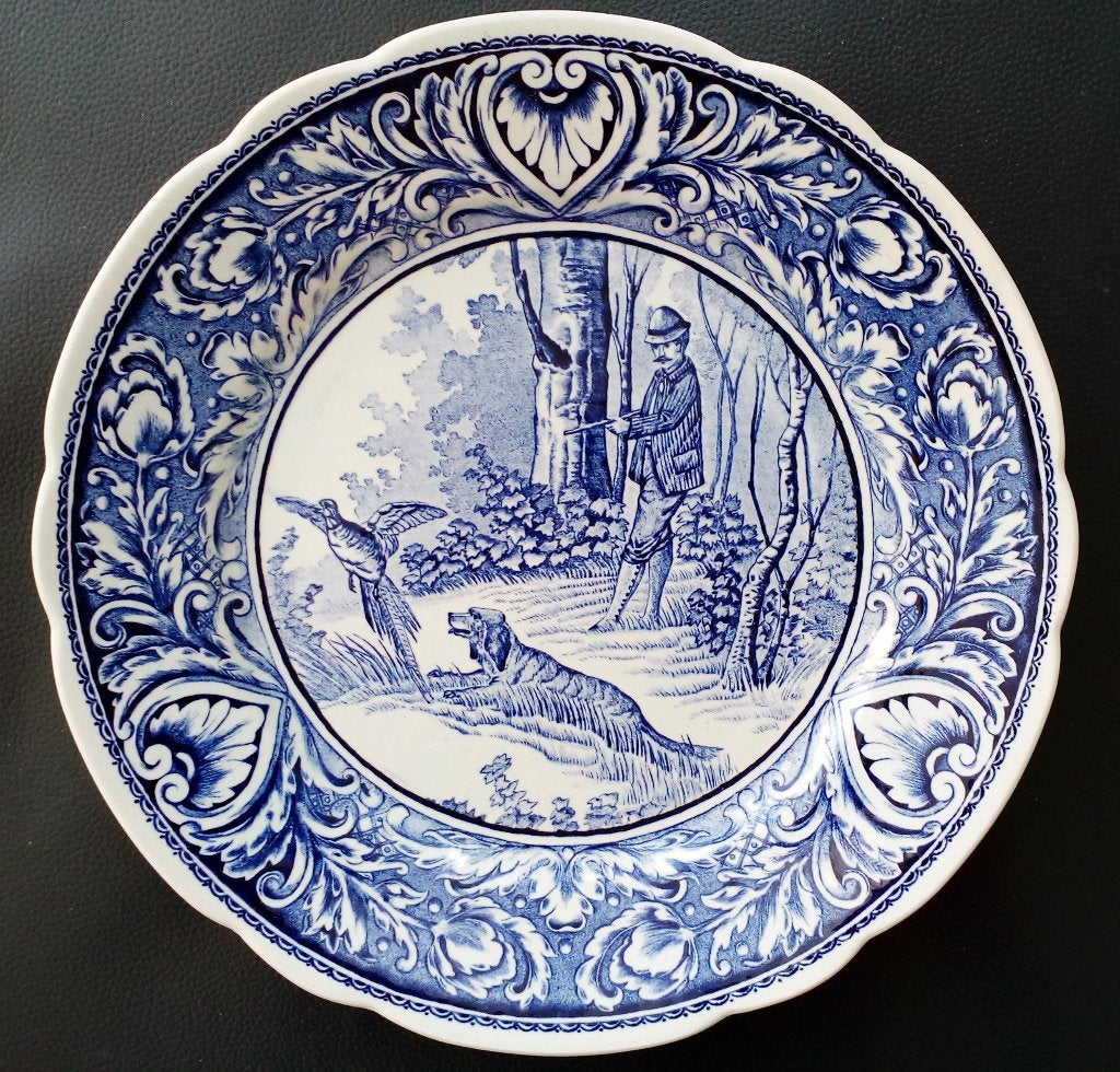 Antiek Delfts Blauw Boch Royal Sphinx Jachttafereel Bord, Ophalen of Verzenden