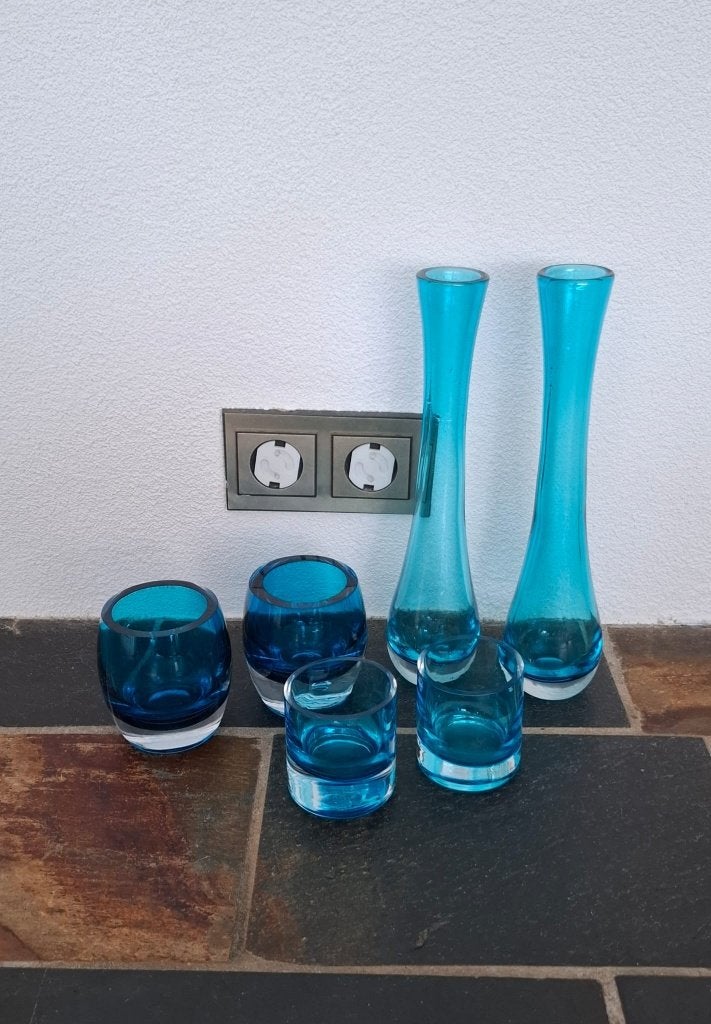 Blauw glazen decoratie set – theelichthouders & vazen, Ophalen, Zo goed als nieuw, Blauw