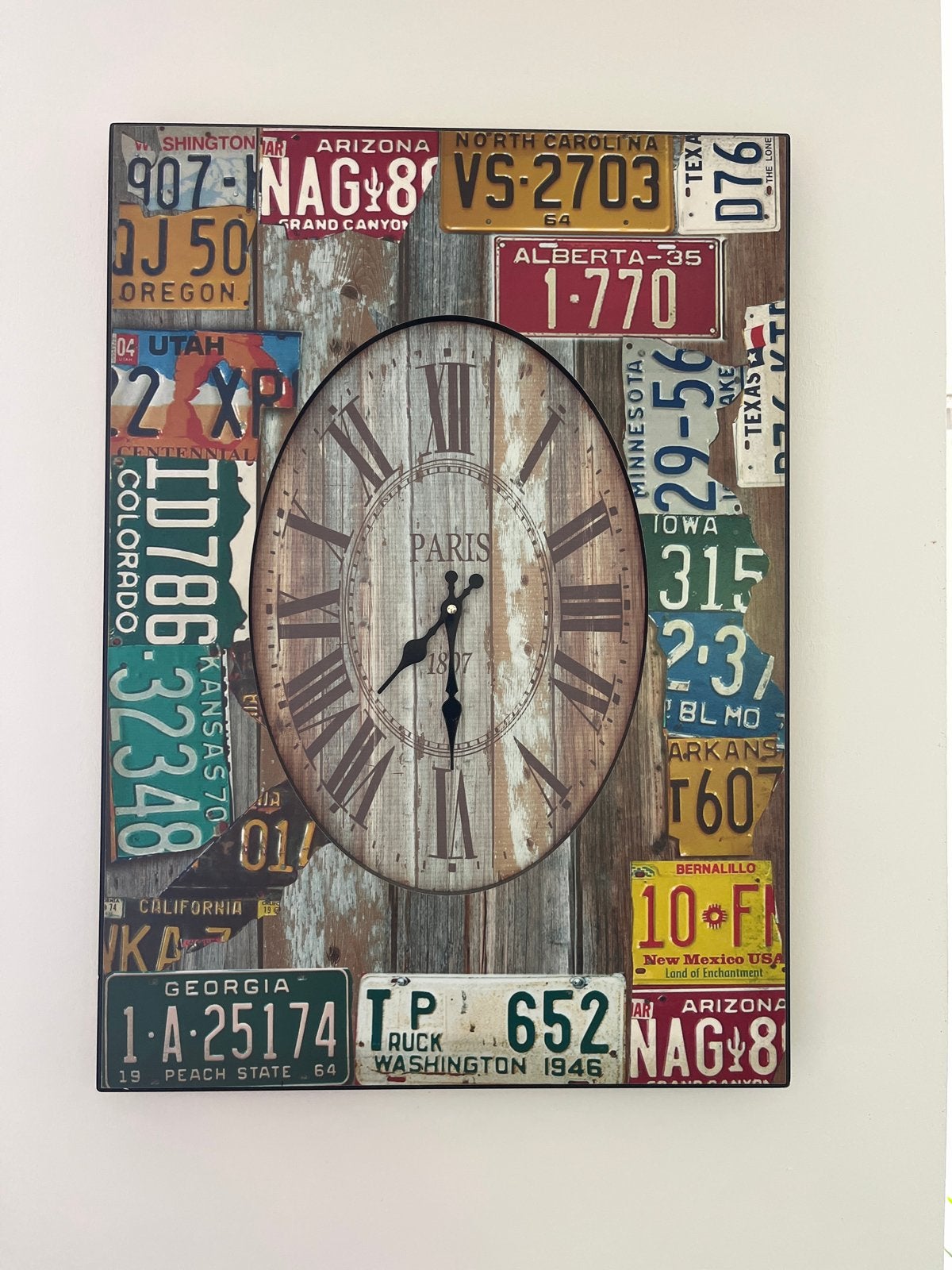 Wandklok met Amerikaans kentekenplaat design, Ophalen, Vintage, Analoog, Werkt op batterijen