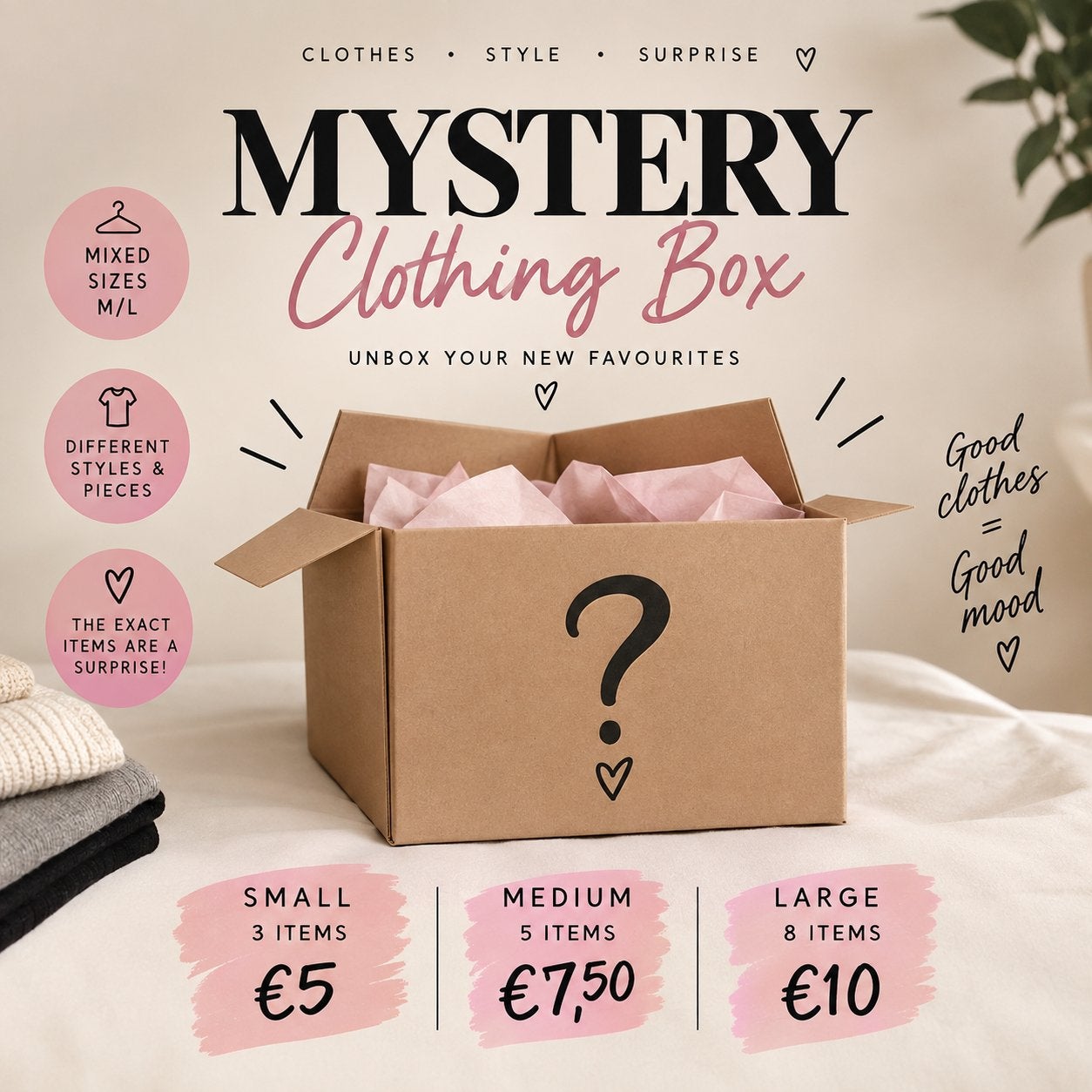 Mystery clothing box | maat M/L | 3, 5 of 8 items, Ophalen of Verzenden