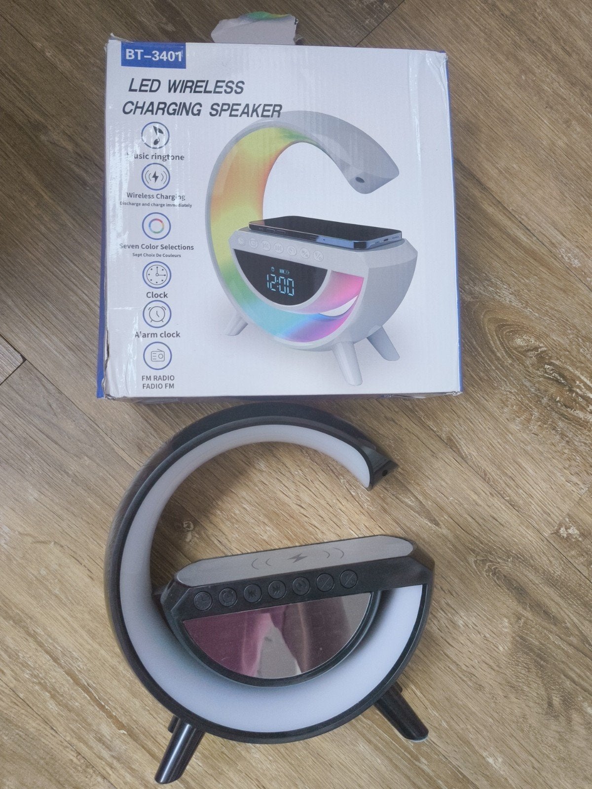 Wekker met LED-verlichting, draadloos opladen en speaker, Ophalen of Verzenden, Gebruikt, Digitaal