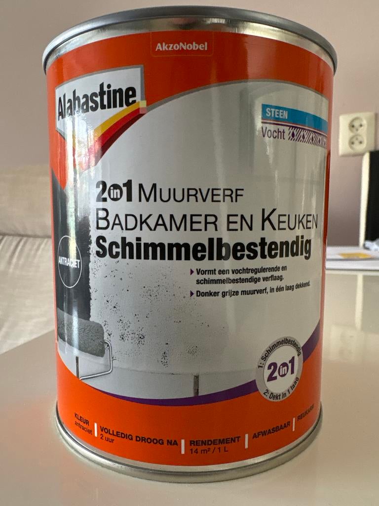 Alabastine 2in1 Muurverf Badkamer & Keuken Antraciet 1L, Nieuw, Ophalen of Verzenden, Verf, Grijs