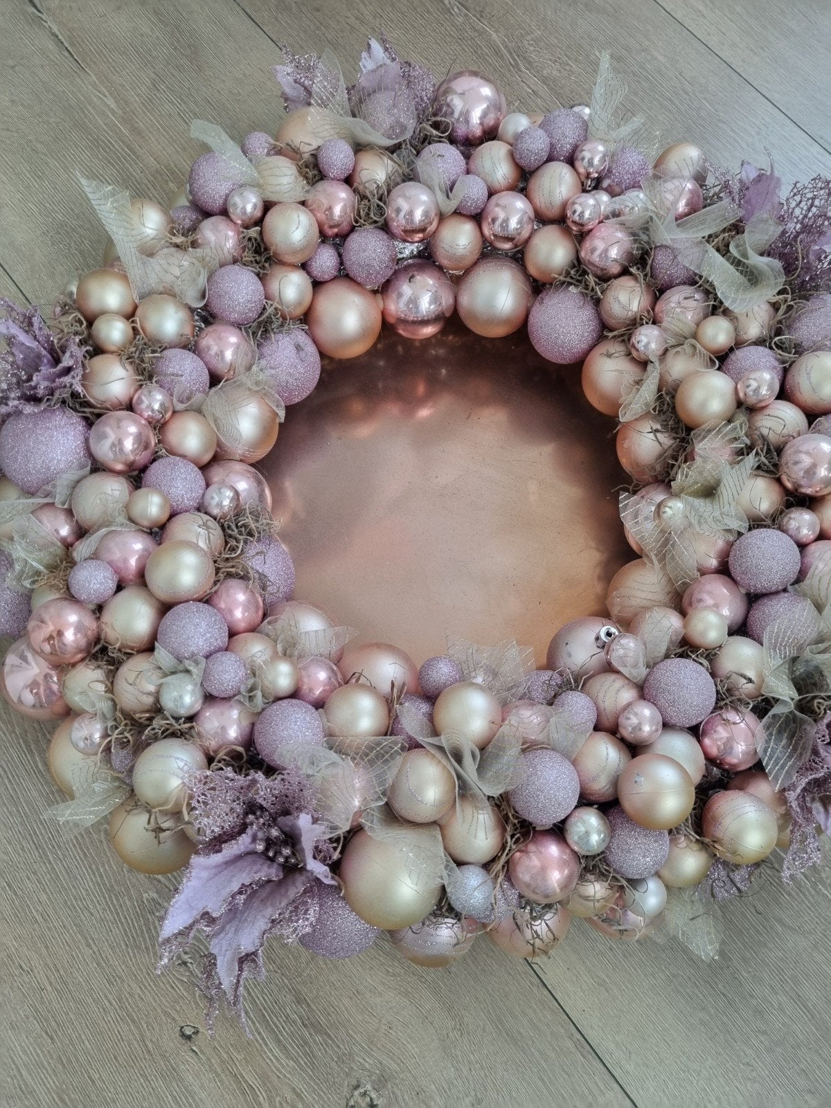 Luxe grote decoratieve kerstballen krans roze rosé goud lila, Ophalen, Gebruikt