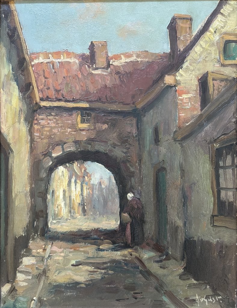 Arnout van Gilst (1898-1981) - Stadsgezicht met poort, Doek, Ophalen of Verzenden, Gesigneerd, Olieverf