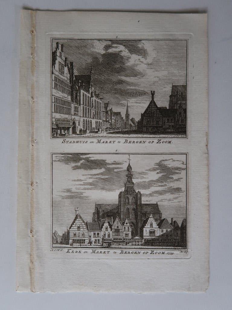 Bergen op zoom prent 1750 stadhuis  kerk markt H Spilman, Dubbele gravure, Ophalen of Verzenden, 16 cm, 10 cm