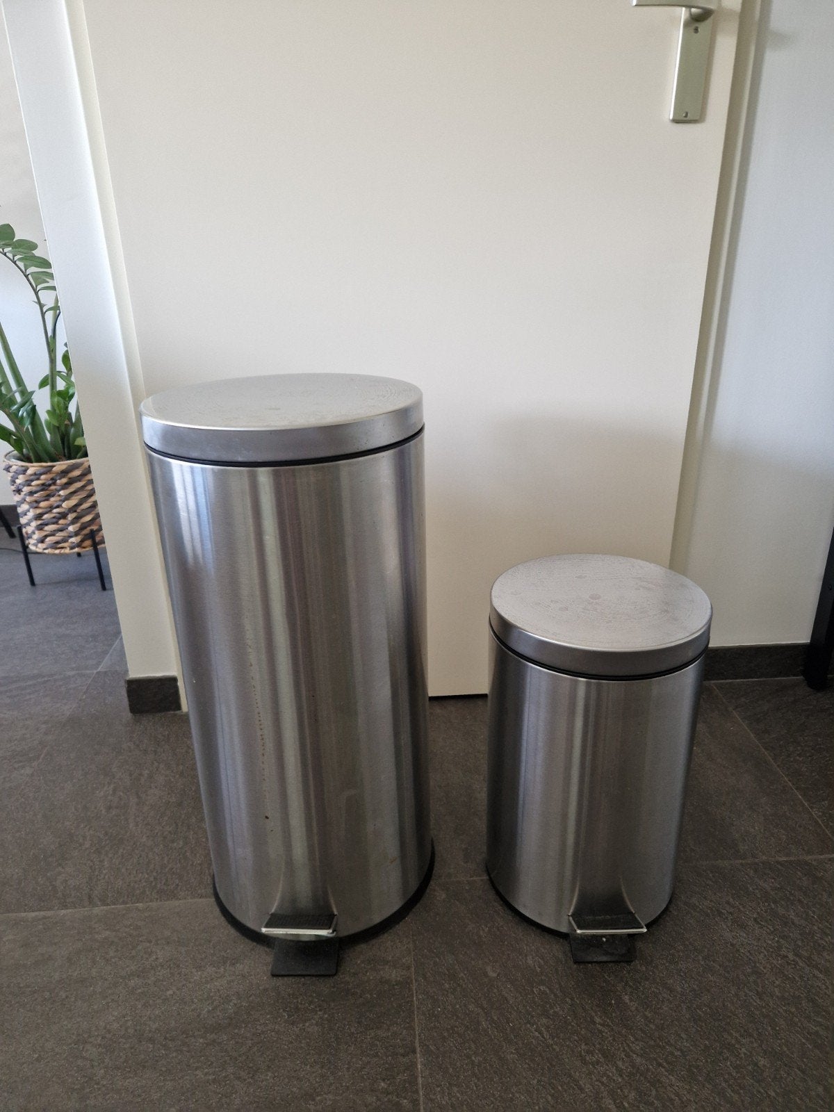 Set van 2 RVS pedaalemmers (30L en 15L), Huis en Inrichting, Woonaccessoires | Prullenbakken, Ophalen, Gebruikt, Met pedaal, 50 tot 75 cm