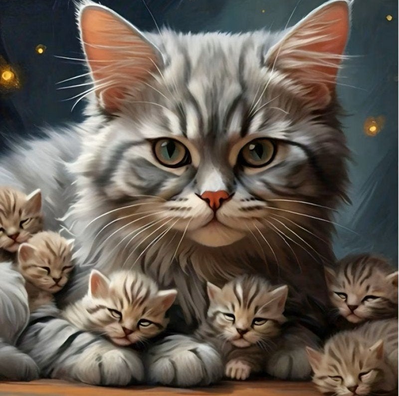 25x25cm Diamond painting poes met kittens nr 494, Verzenden, Nieuw, Overige materialen, Grijs
