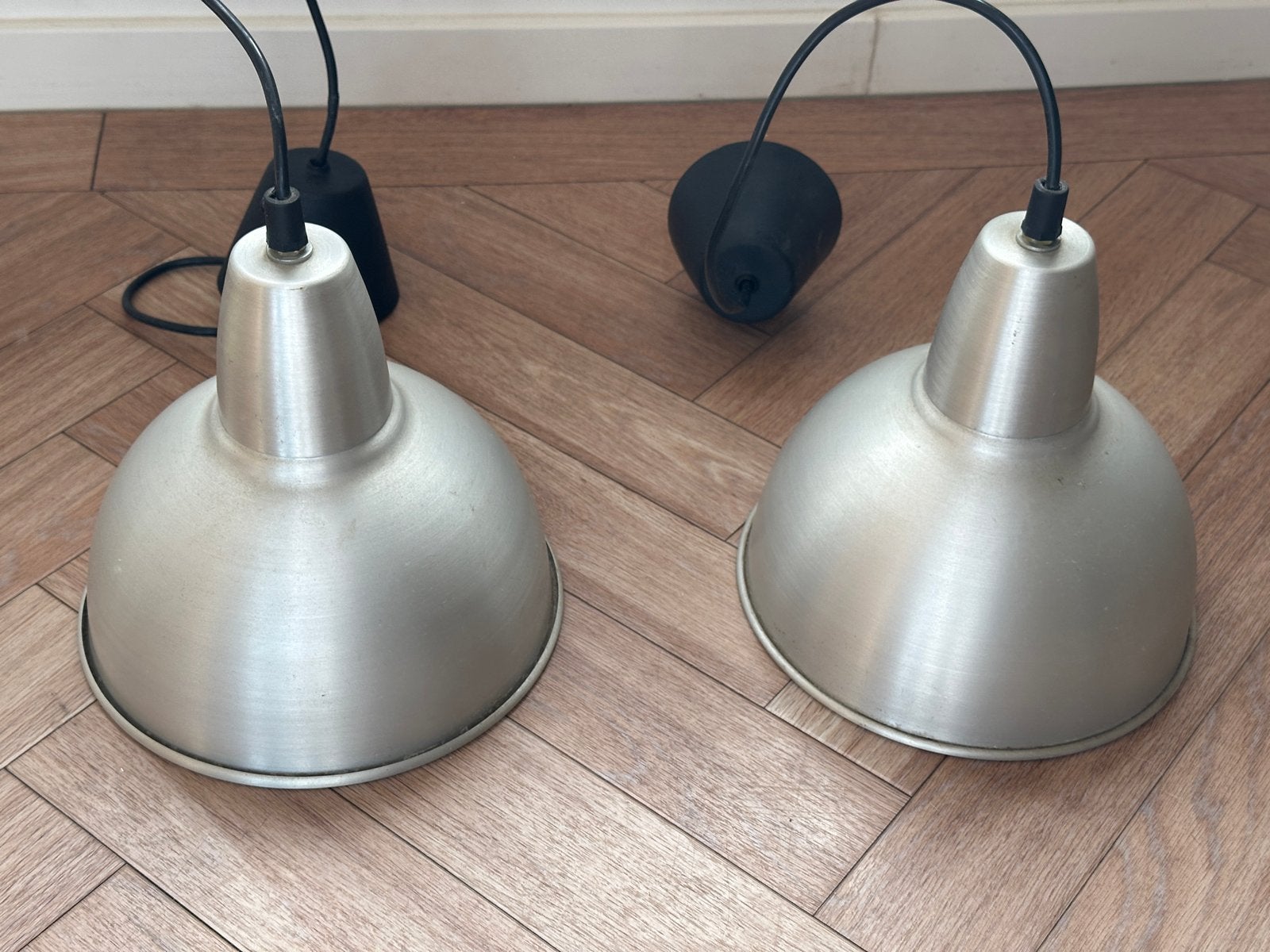 Set van 2 industriële hanglampen, geborsteld aluminium, Ophalen of Verzenden, Gebruikt, Metaal, E27 (groot)