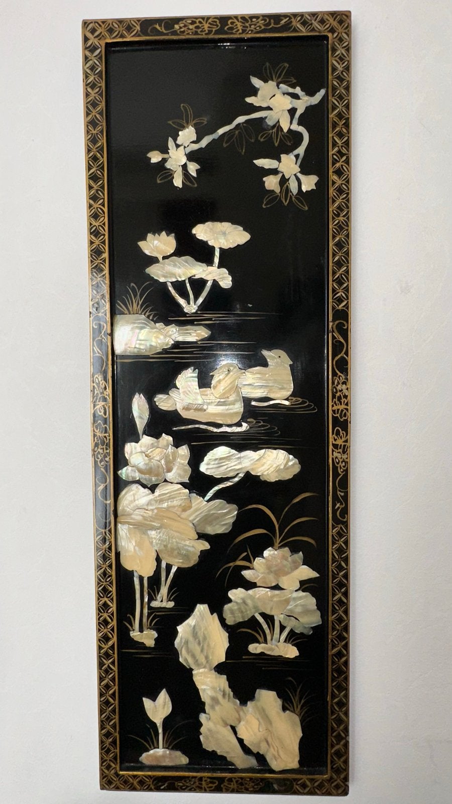 Aziatisch Zwart Paneel met Parelmoer Inlegwerk, Wanddecoratie, Zwart, Ingelegd, China