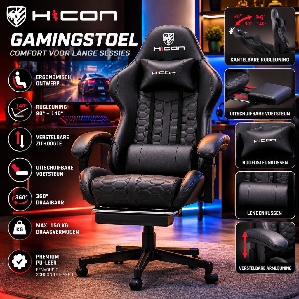 Gamestoel met voetsteun-Ergonomische–Verstelbaar-Zwart, Huis en Inrichting, Ophalen, Zwart, Bureaustoel, Ergonomisch