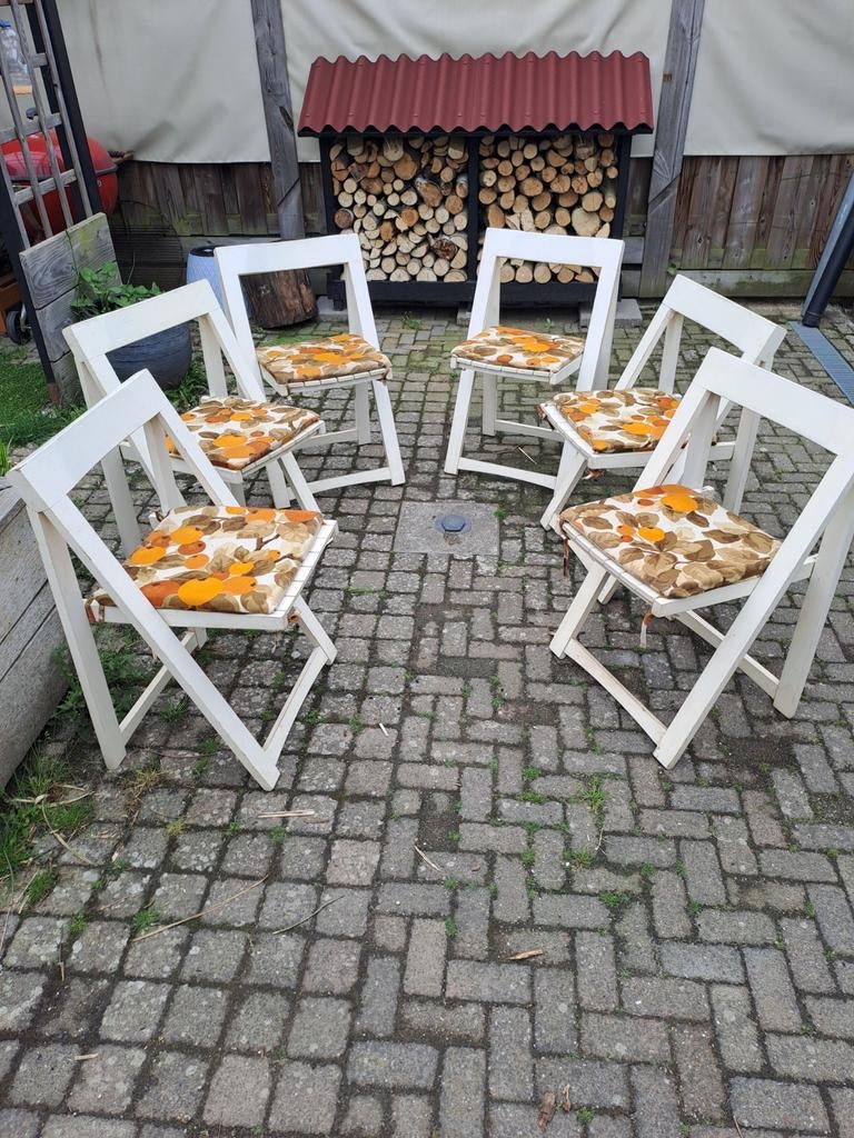 Set van 6 vintage  Aldo Jacober klapstoelen met kussens, Ophalen, Gebruikt, Wit, Vintage, Retro