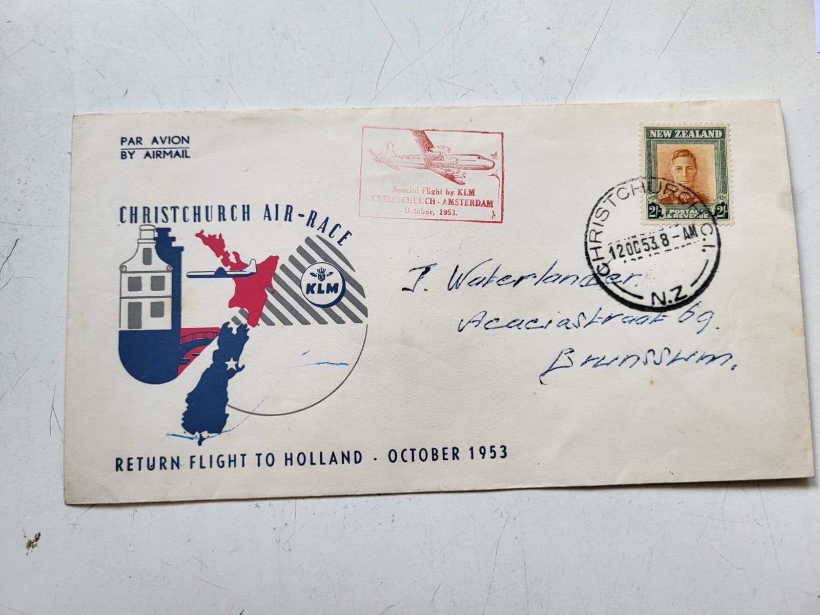 KLM Special Flight Christchurch - Amsterdam 1953 Envelop, Postzegels en Munten, Brieven en Enveloppen | Nederland, Ophalen of Verzenden