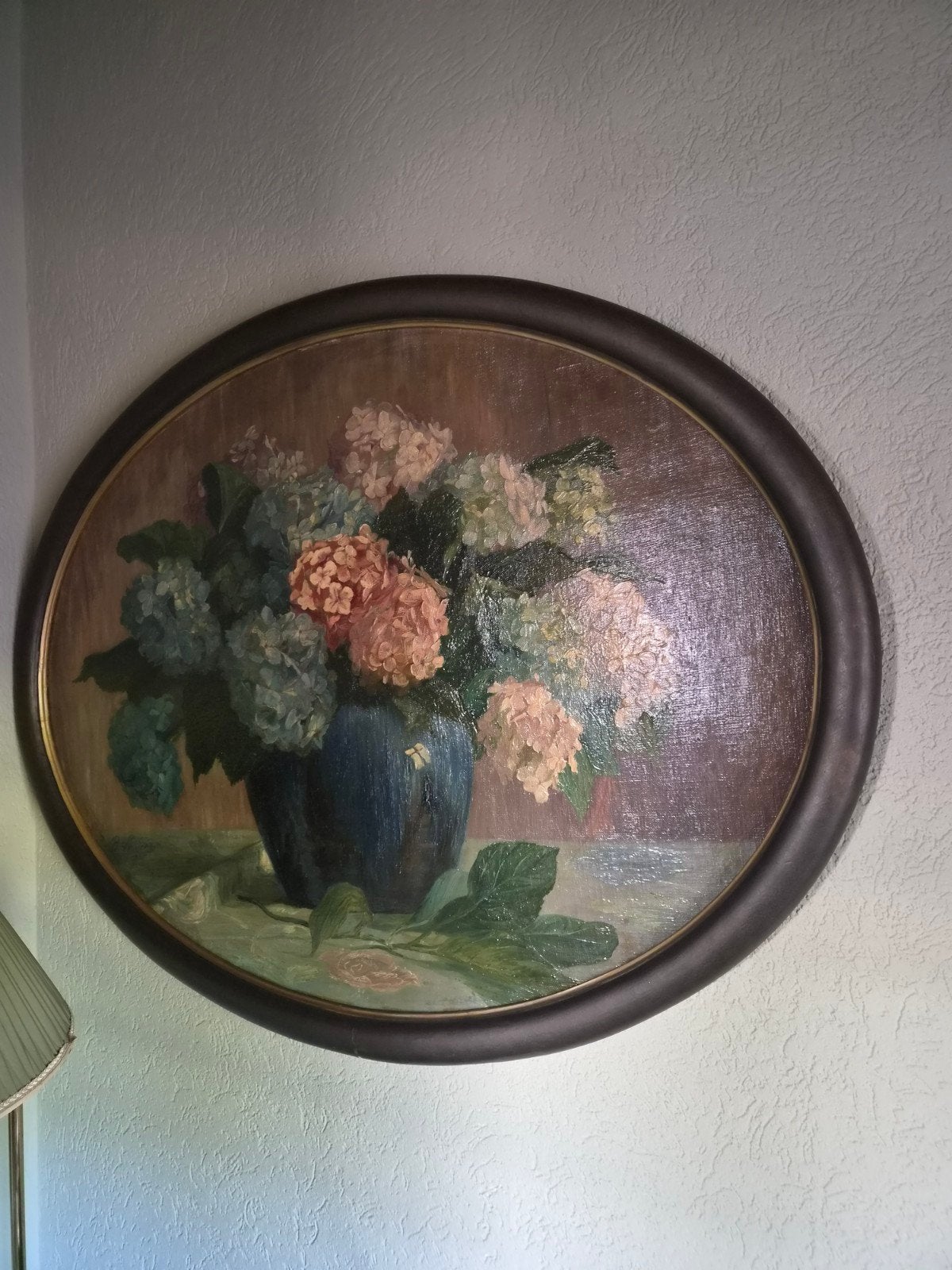 Ovaal schilderij met hortensia's in vaas, Antiek en Kunst, Ophalen of Verzenden