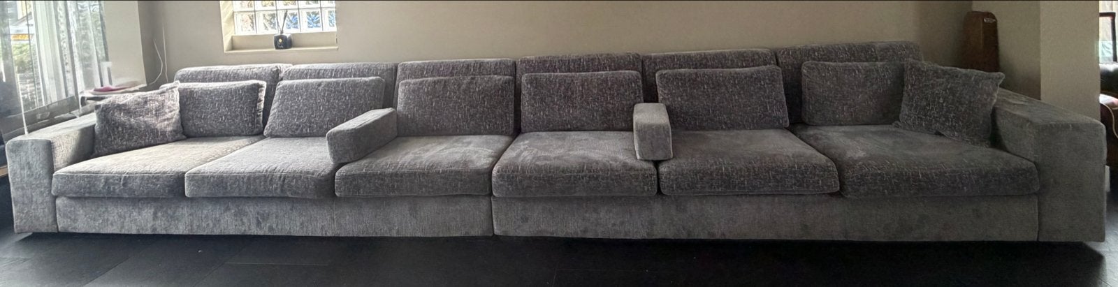 Grote grijze stoffen bank - Island Pearl 106, Huis en Inrichting, Ophalen, 100 tot 125 cm, 300 cm of meer, Zo goed als nieuw