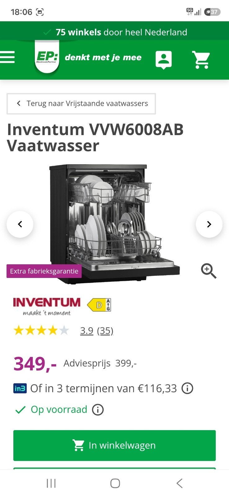 Inventum VVW6008AB Vaatwasser - Zwart, Vrijstaand, Witgoed en Apparatuur, Vaatwasmachines, Ophalen, Eco programma, 85 tot 90 cm