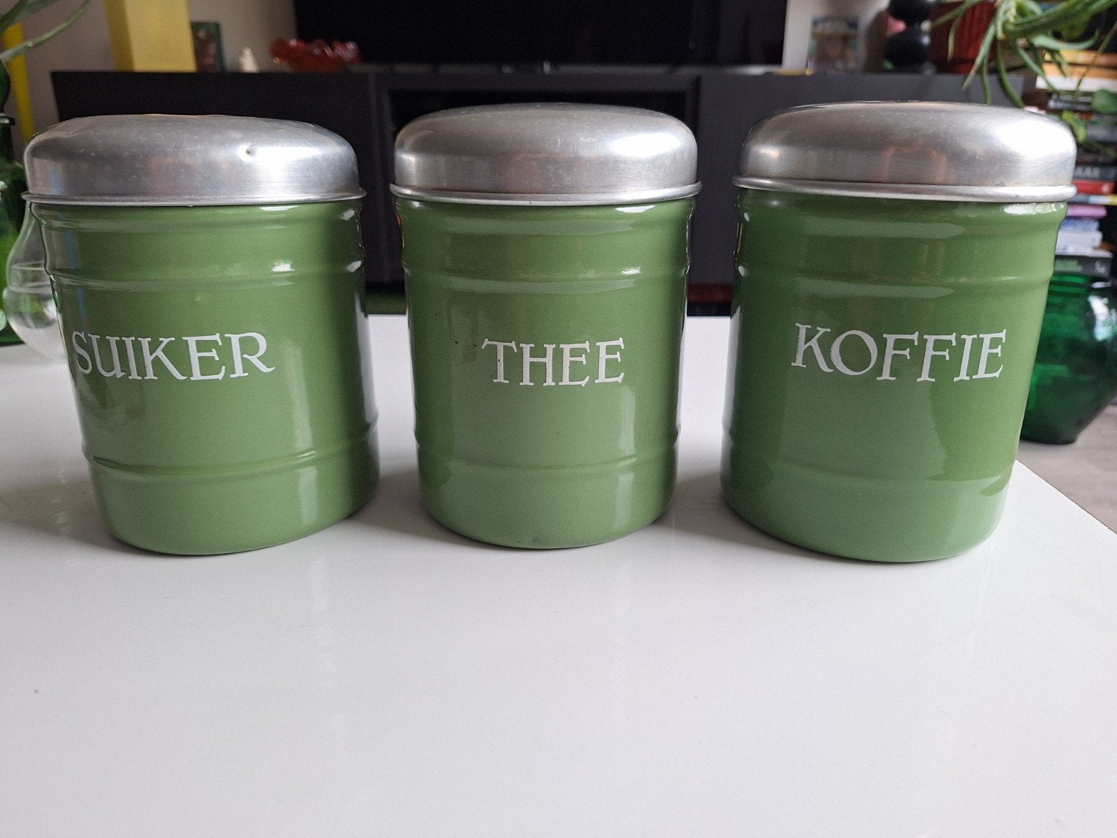Vintage Voorraadbussen Suiker, Koffie, Thee - Oud Groen, Antiek en Kunst, Antiek | Emaille, Ophalen of Verzenden