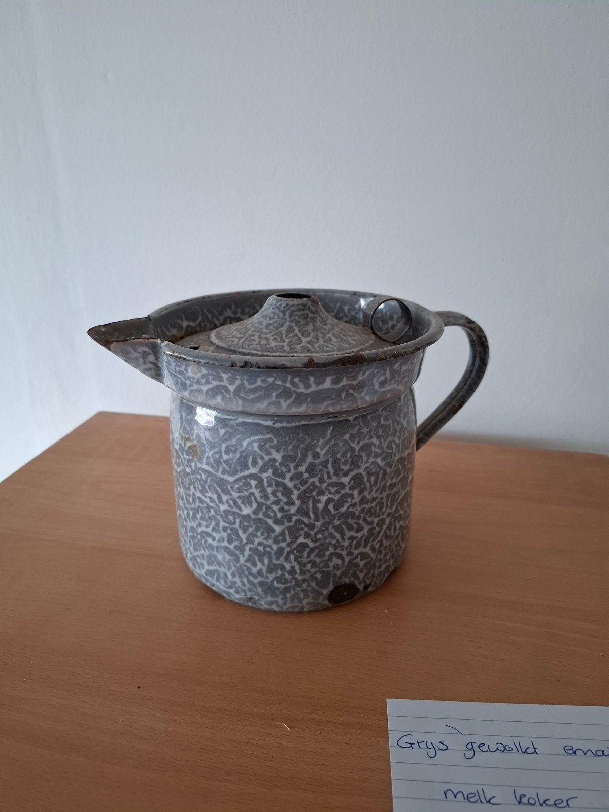 Vintage Grijs Gewolkte Emaille Melkkoker, Antiek en Kunst, Ophalen of Verzenden