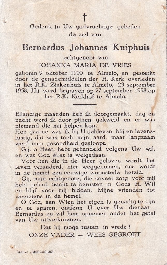 Kuiphuis Bernardus 1900 Almelo 1958, Ophalen, Bidprentje
