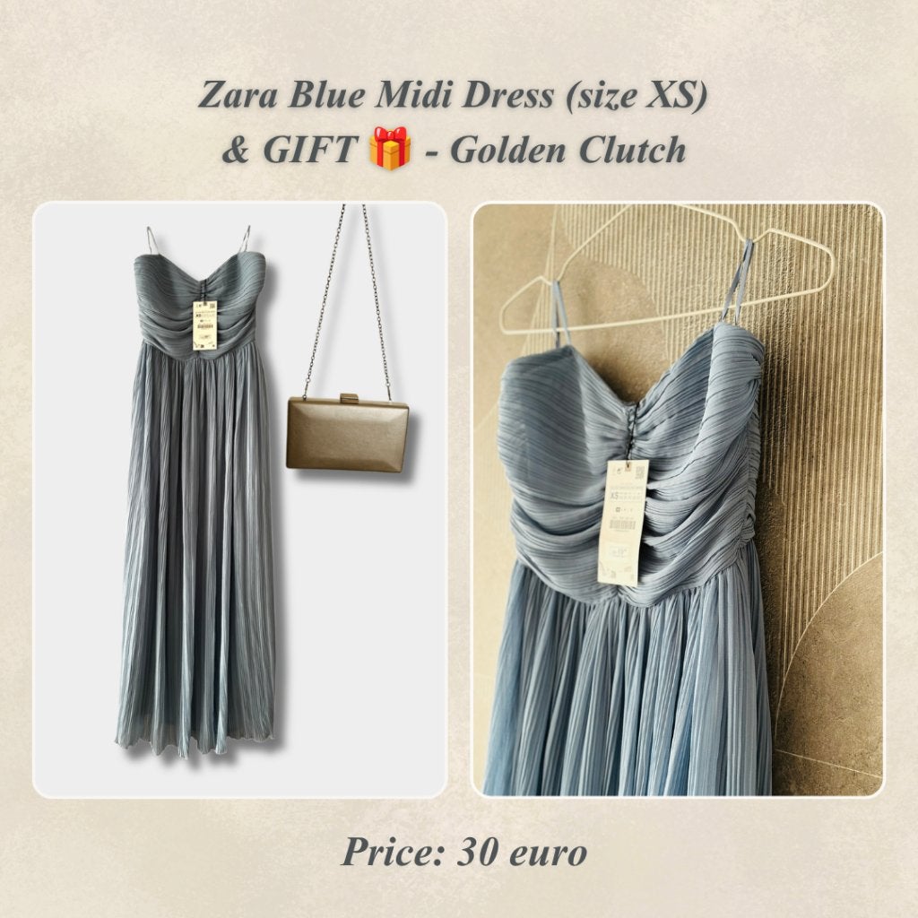 Zara Blue Midi Dress (size XS) & Golden Clutch, Blauw, Ophalen of Verzenden, Zo goed als nieuw, Maat 34 (XS) of kleiner