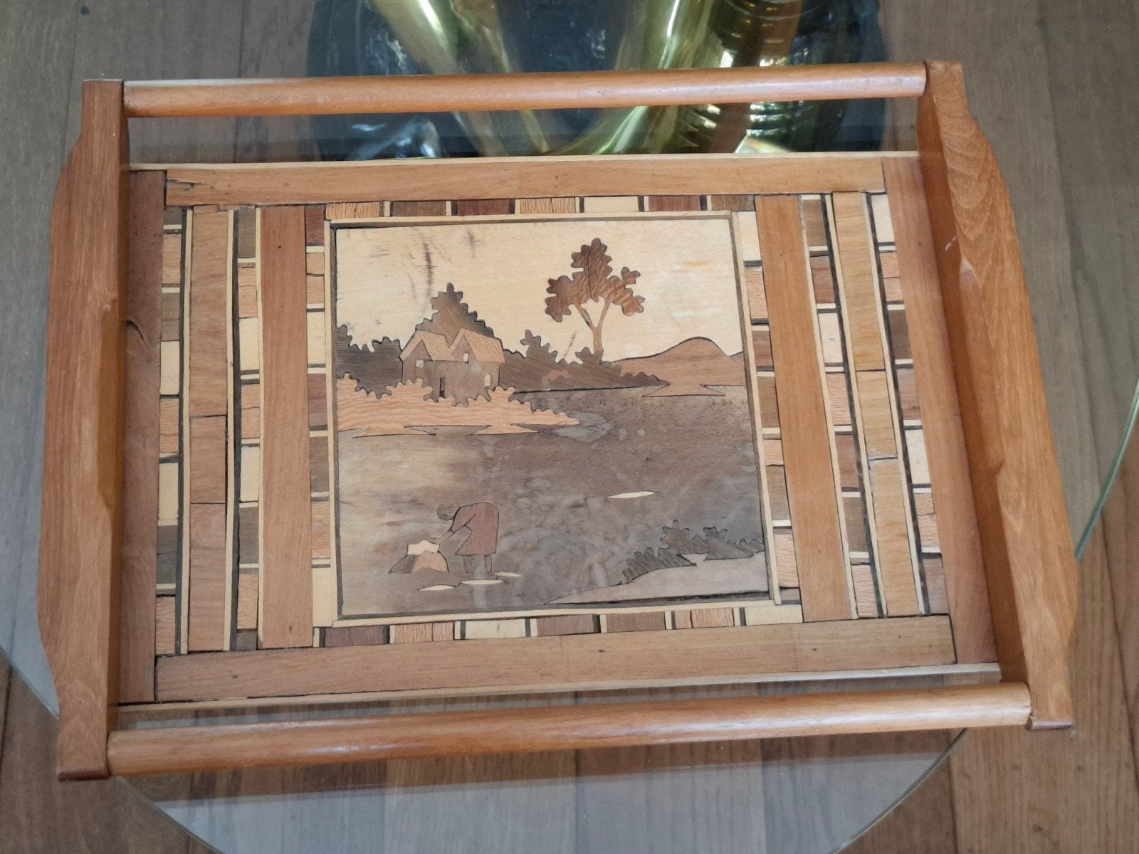 Vintage houten dienblad met intarsia decoratie, Ophalen of Verzenden, Rechthoekig, Hout