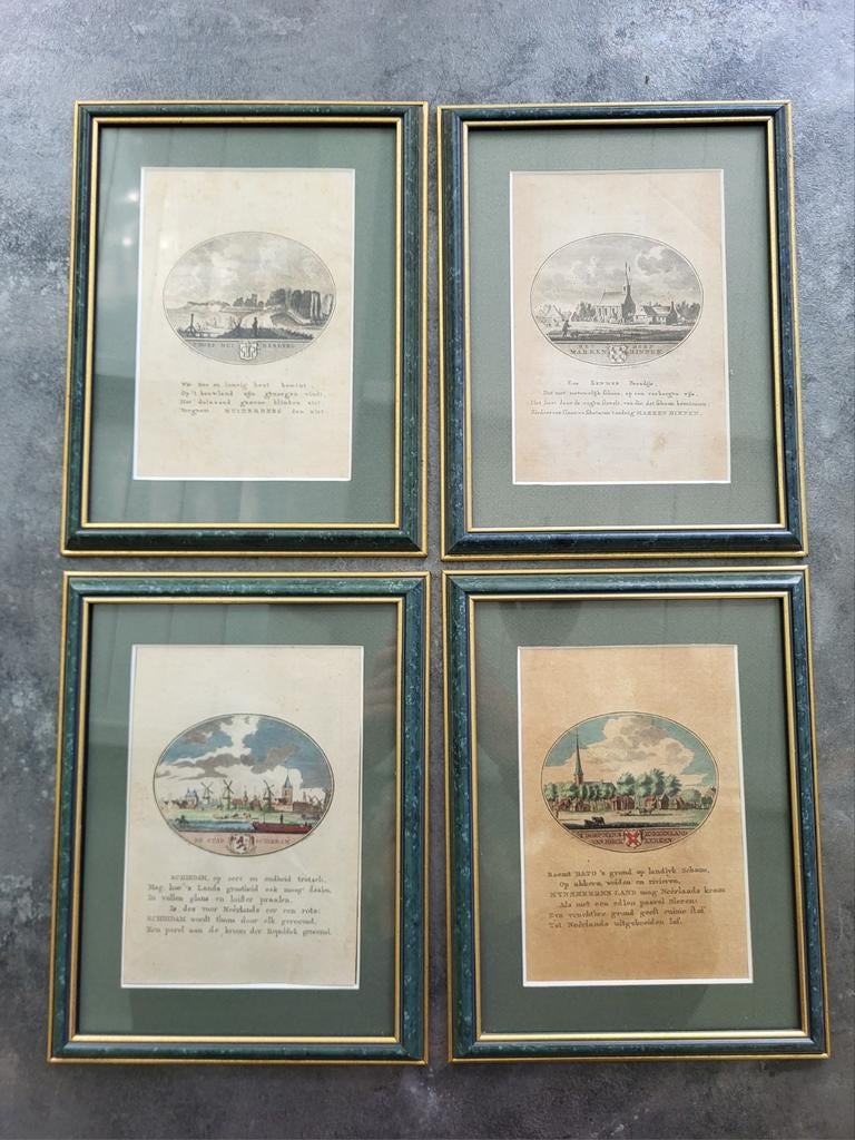 4 gravures van stadsgezichten van A.C.Brouwer, 18e eeuw, Ophalen of Verzenden